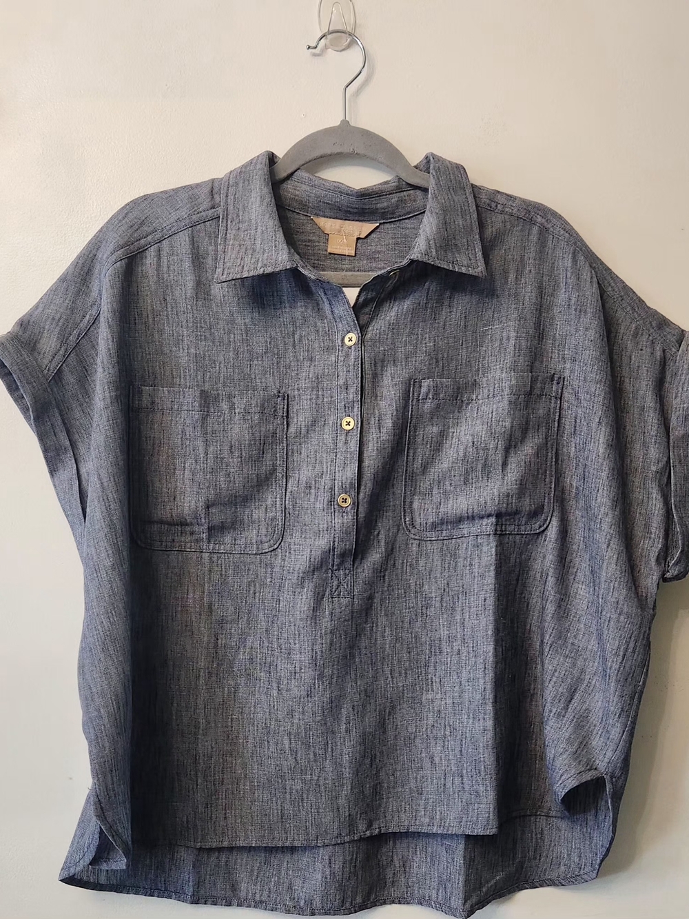 Relaxed Blue Short-Sleeve Button Blouse